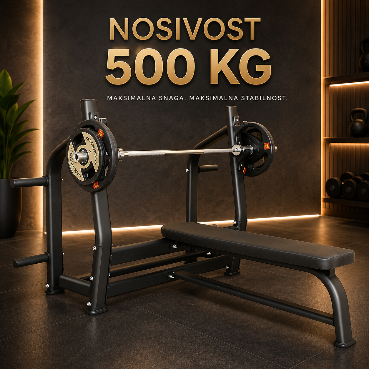 Ravna benč klupa za bench press sa nosivošću 500 kg u premium gym ambijentu
