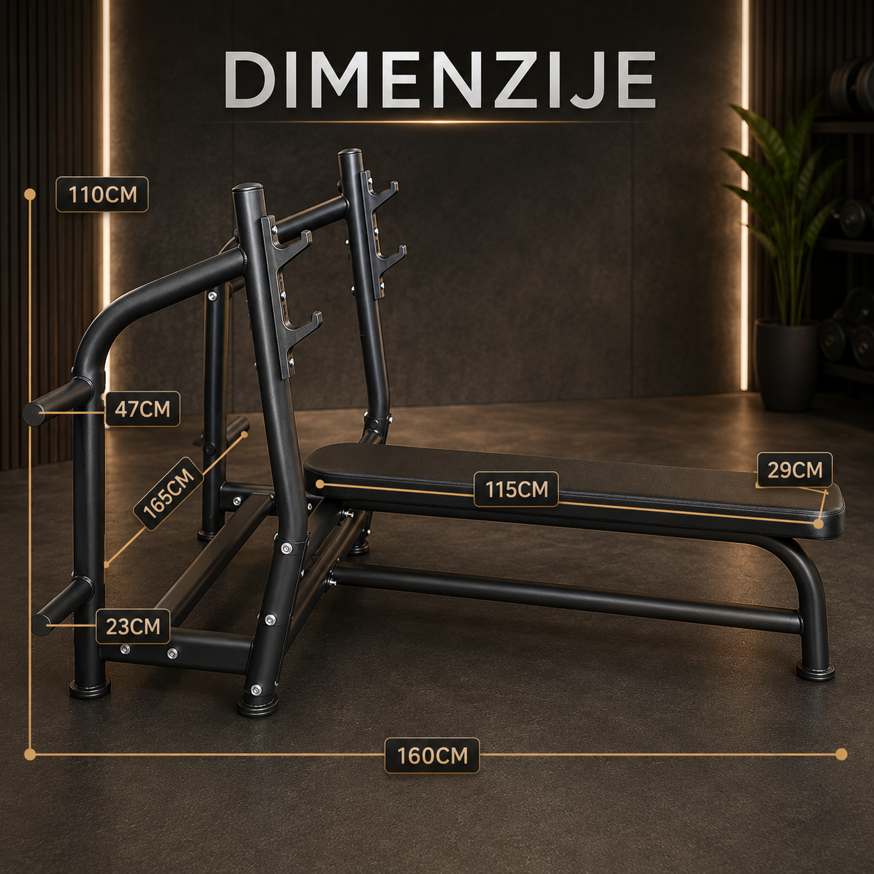 Dimenzije ravne benč klupe za bench press sa premium čeličnom konstrukcijom