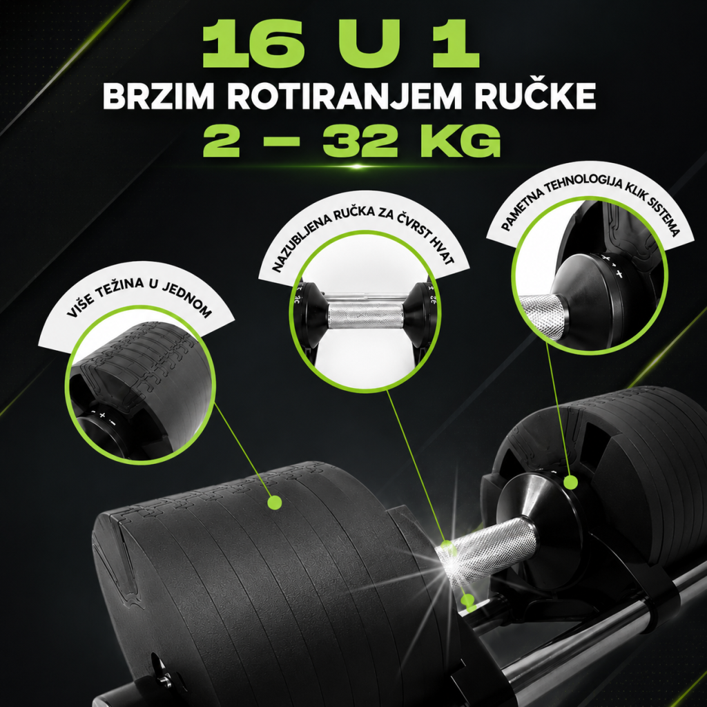 Premium podesive bučice 2 - 32 kg sa 16 nivoa podešavanja i rotirajućom ručkom