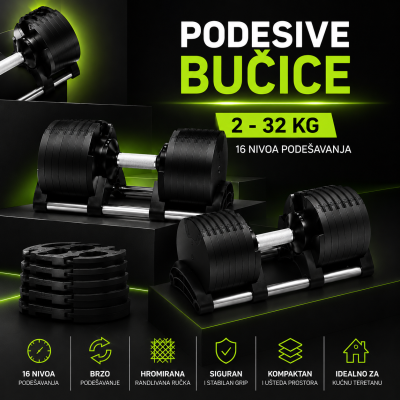 Premium podesive bučice 2 - 32 kg sa 16 nivoa podešavanja