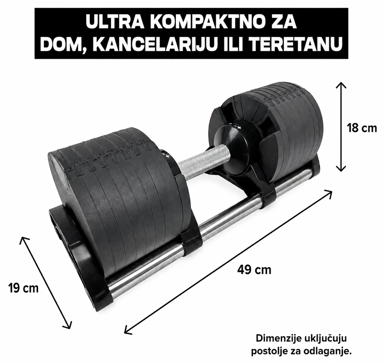Dimenzije premium podesivih bučica 2 - 32 kg sa postoljem
