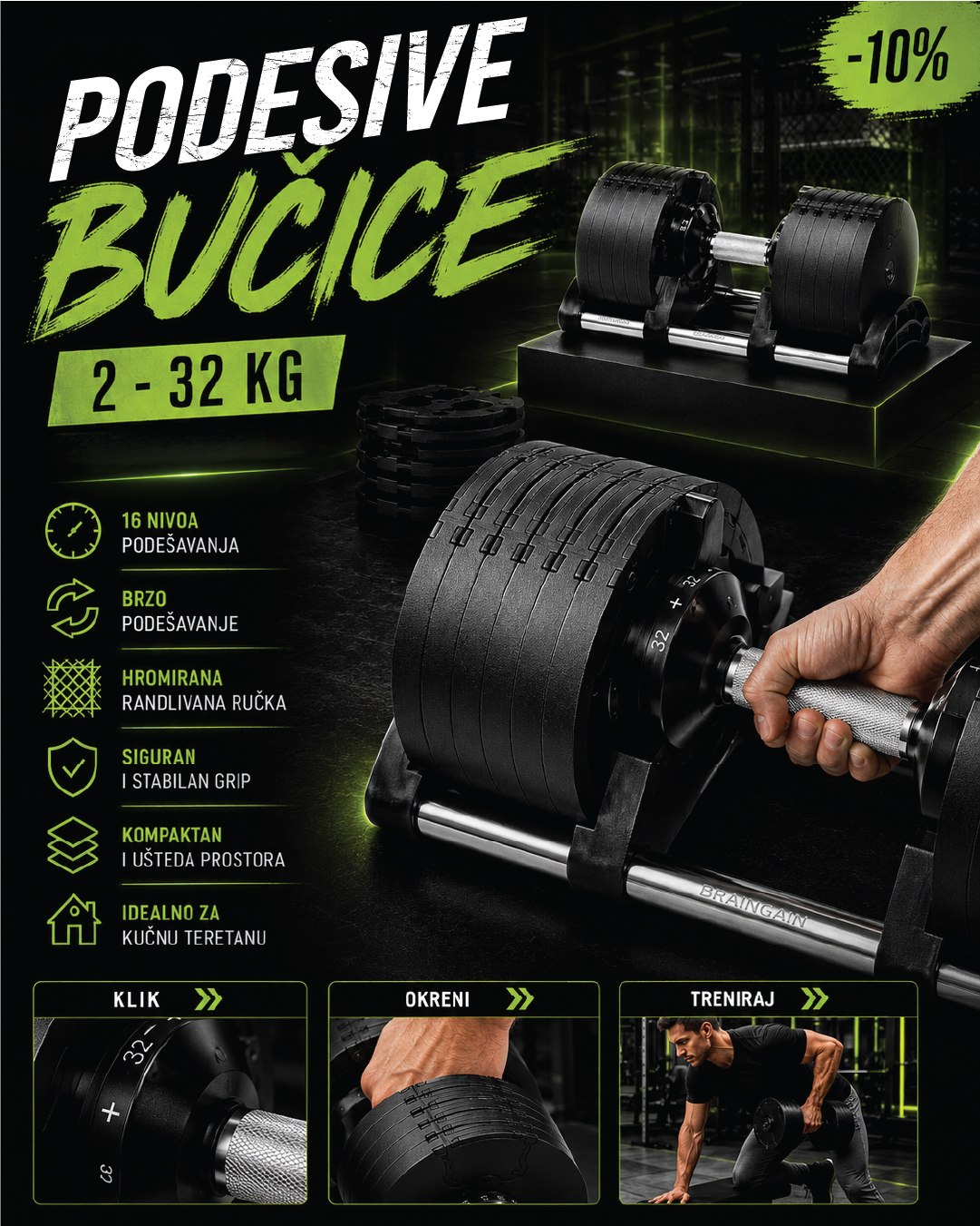 Podesive bučice - 2 x 32 kg | Premium podesivi teg od 2 do 32 kg - Slika 2