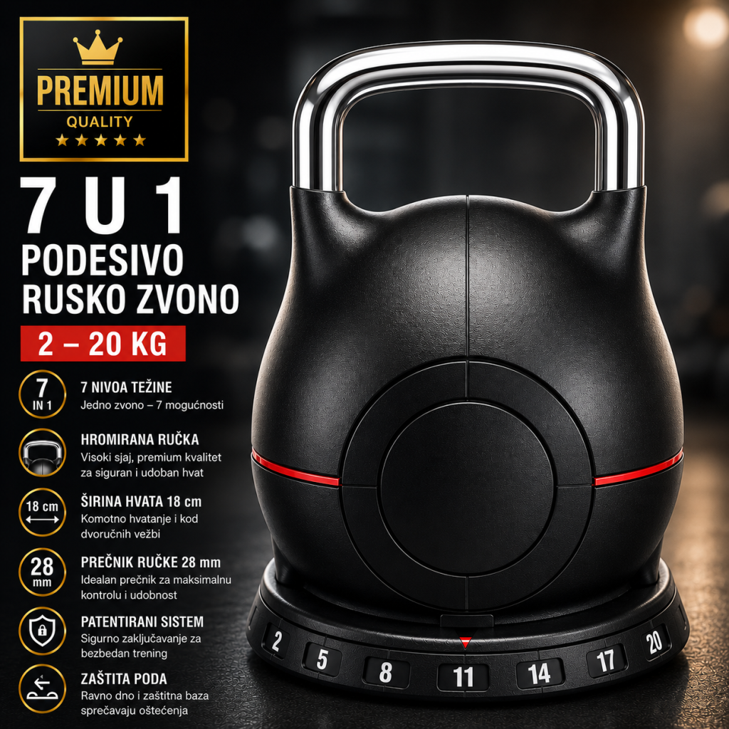 Podesivo rusko zvono 2-20 kg sa 7 nivoa težine i hromiranom ručkom