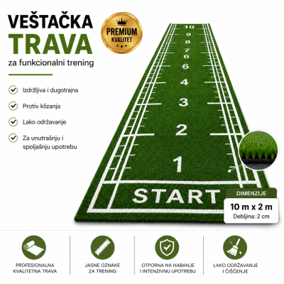 Veštačka trava za funkcionalni trening 10 m x 2 m sa detaljem vlakana i prikazom glavnih prednosti
