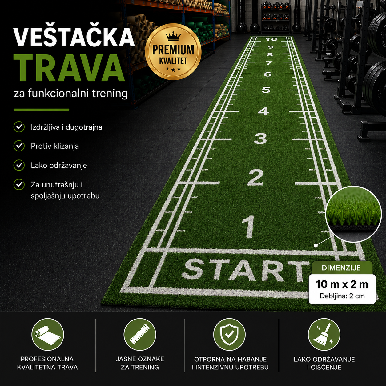 Veštačka trava za funkcionalni trening sa fitness sankama u profesionalnoj teretani